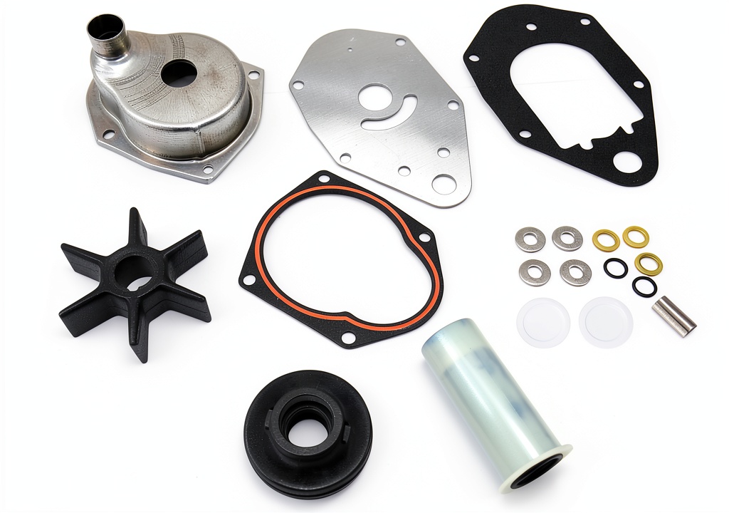 UANOFCN impeller kit components laid out on a boat workshop bench